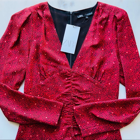 New Zara Print Mini V-neck Saffron red Dress long sleeve - Picture 2 of 10